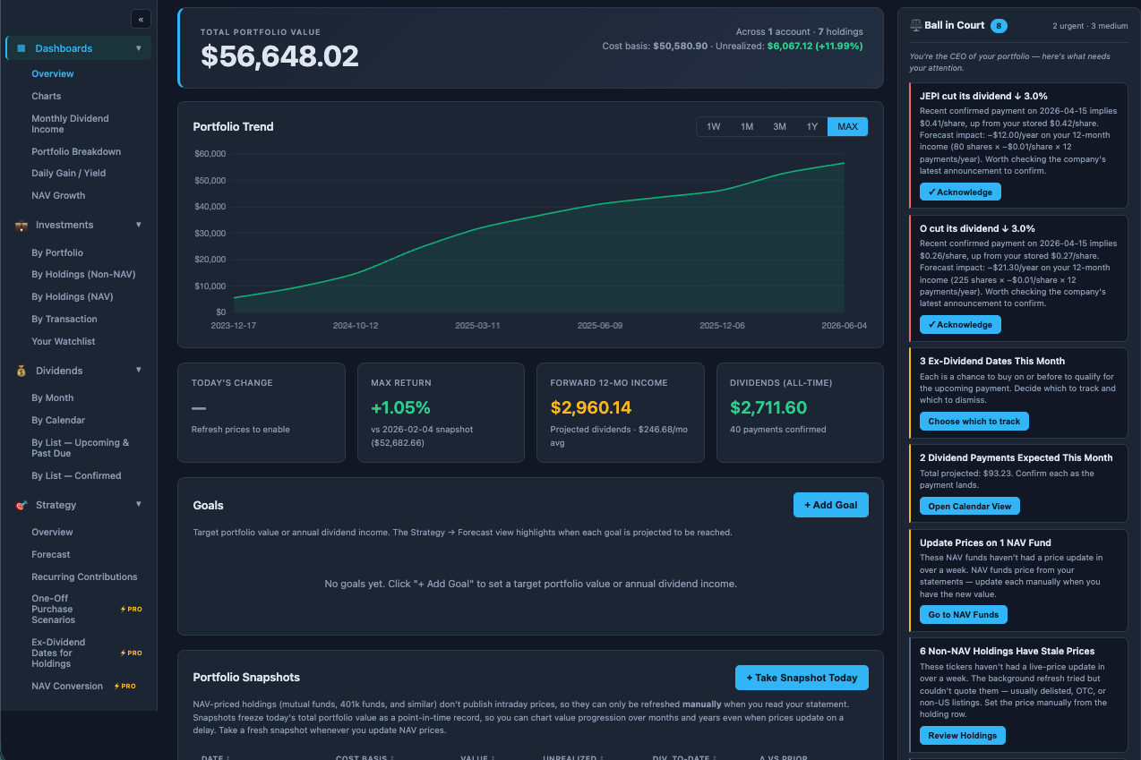 Lensfolio dashboard showing a $56,648 portfolio with 7 holdings, forward 12-month dividend income of $2,960, +11.99% unrealized gain, the sticky left sidebar with Dashboards / Investments / Dividends / Strategy navigation, the Ball-in-Court action queue on the right surfacing dividend rate changes with forecast impact, ex-dividend tracking decisions, and stale-price reminders, and a portfolio trend chart growing from $0 in late 2023 to $56,648 in mid-2026.